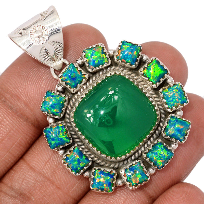 1.8" Jumbo - Green Onyx & Lab Grown Fire Opal Pendants - MIXP127 - Weight 18.3g