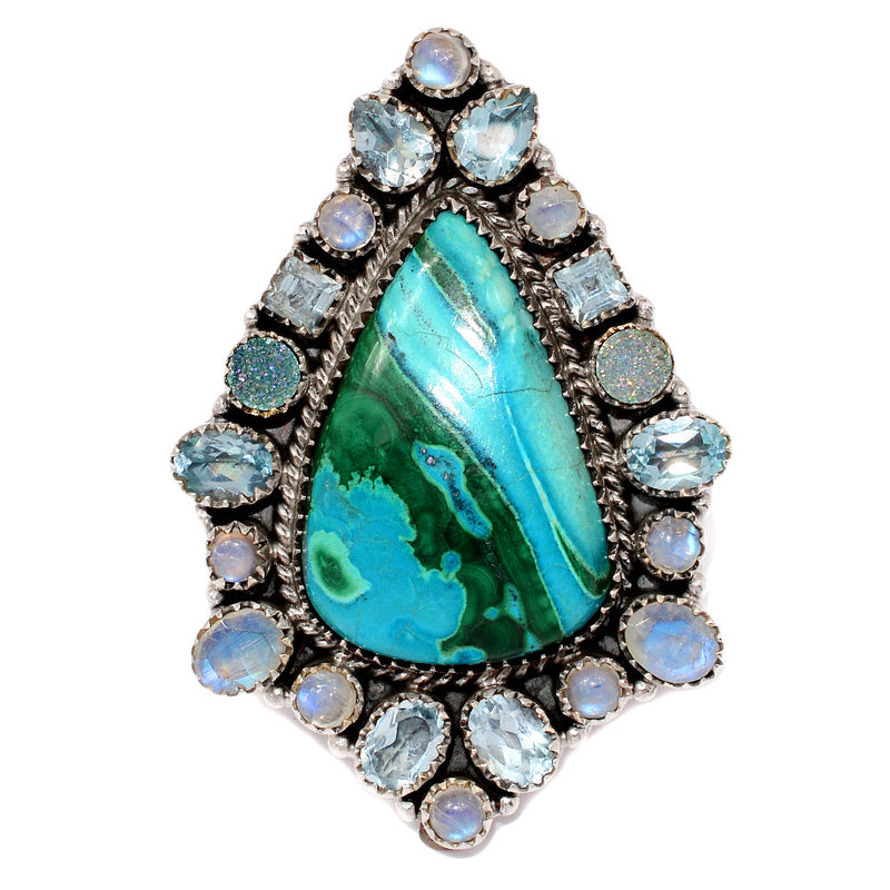 Jumbo - Malachite In Chrysocolla, Rainbow Moonstone, Agate Druzy & Blue Topaz Rings - MIXR640 Weight 32.30g