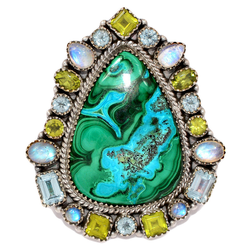 Jumbo - Malachite In Chrysocolla, Rainbow Moonstone, Peridot & Blue Topaz Rings - MIXR642 Weight 36.40g
