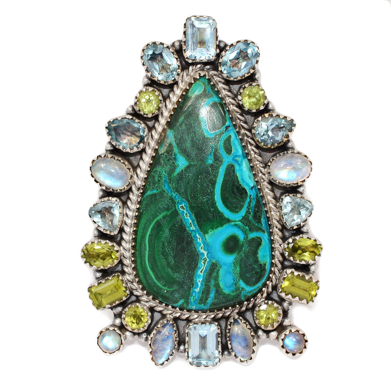 Jumbo - Malachite In Chrysocolla, Rainbow Moonstone, Peridot & Blue Topaz Rings - MIXR645 Weight 40.30g