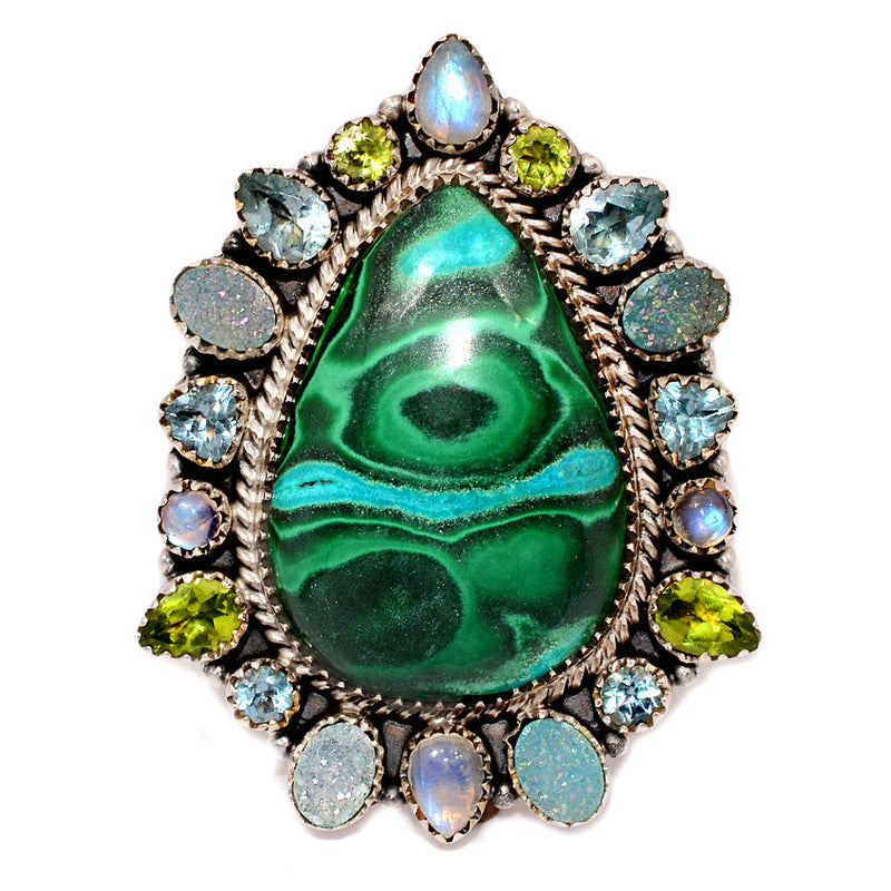 Jumbo - Malachite In Chrysocolla, Rainbow Moonstone, Peridot, Agate Druzy & Blue Topaz Rings - MIXR652 Weight 36.60g