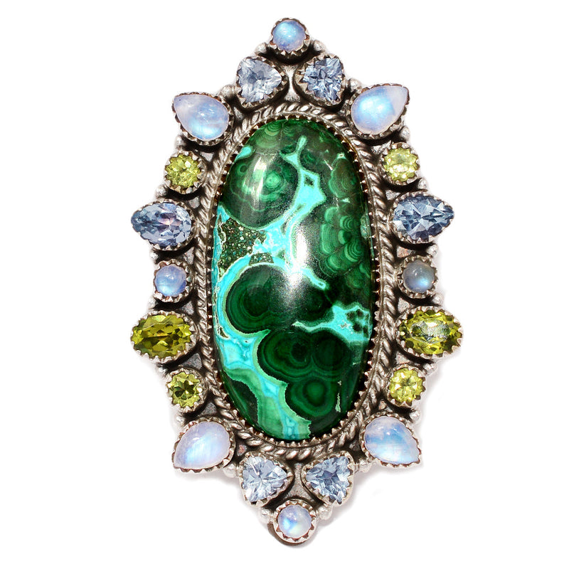 Jumbo - Malachite In Chrysocolla, Rainbow Moonstone, Peridot & Blue Topaz Rings - MIXR654 Weight 37.40g