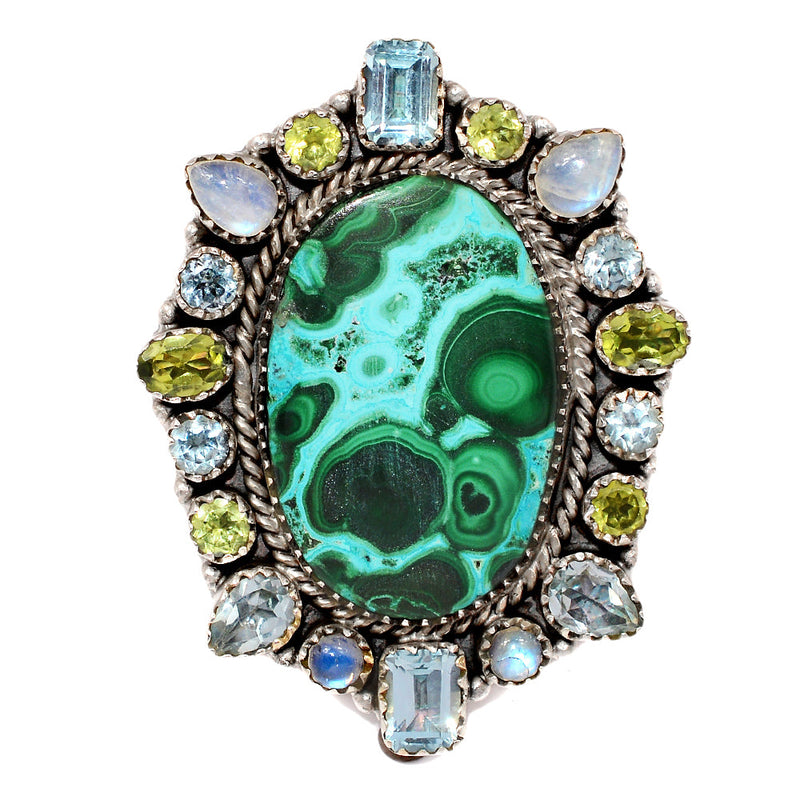Jumbo - Malachite In Chrysocolla, Rainbow Moonstone, Peridot & Blue Topaz Rings - MIXR656 Weight 27.70g