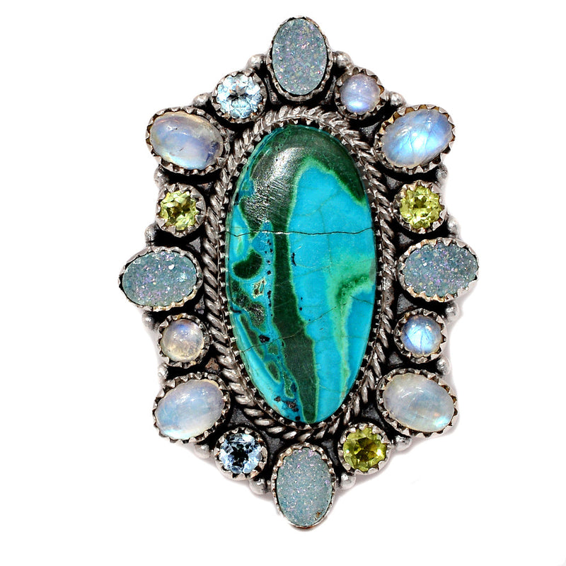 Jumbo - Malachite In Chrysocolla, Rainbow Moonstone, Peridot, Agate Druzy & Blue Topaz Rings - MIXR657 Weight 23.50g
