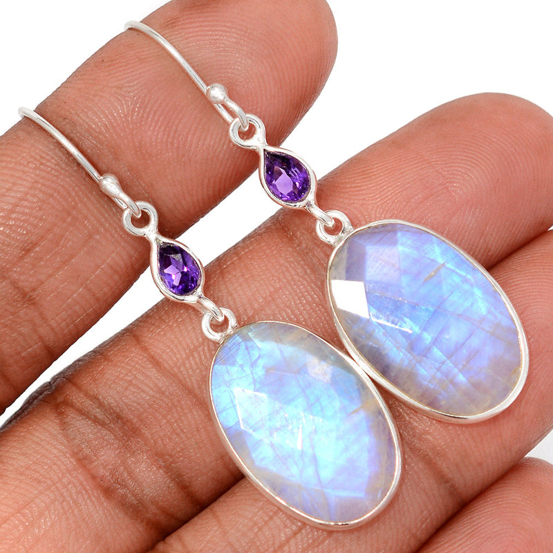 2.1" Moonstone Faceted & Amethyst Faceted Earrings - MNFE678