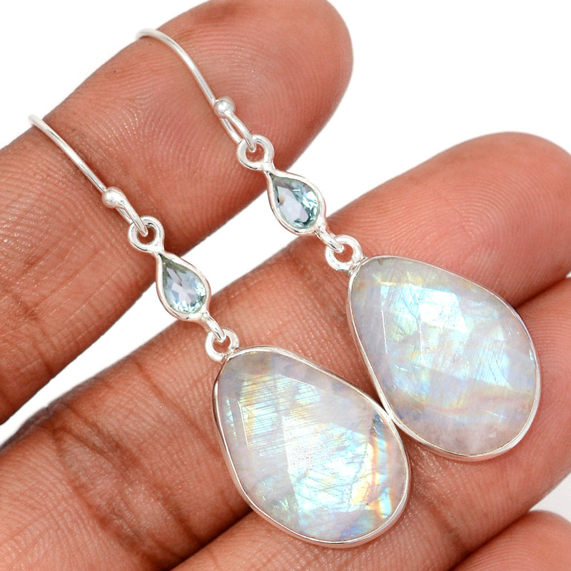 2" Moonstone Faceted & Blue Topaz Earrings - MNFE679