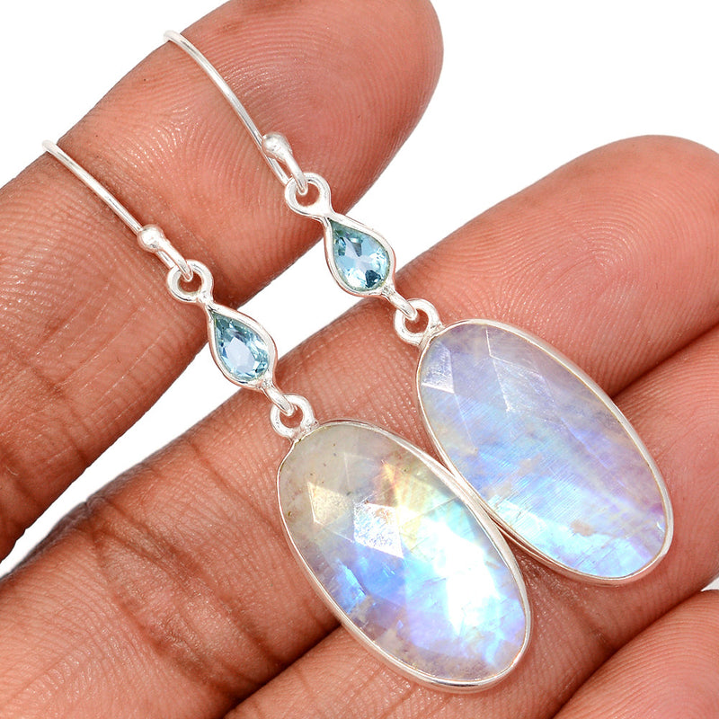 2.1" Moonstone Faceted & Blue Topaz Earrings - MNFE680