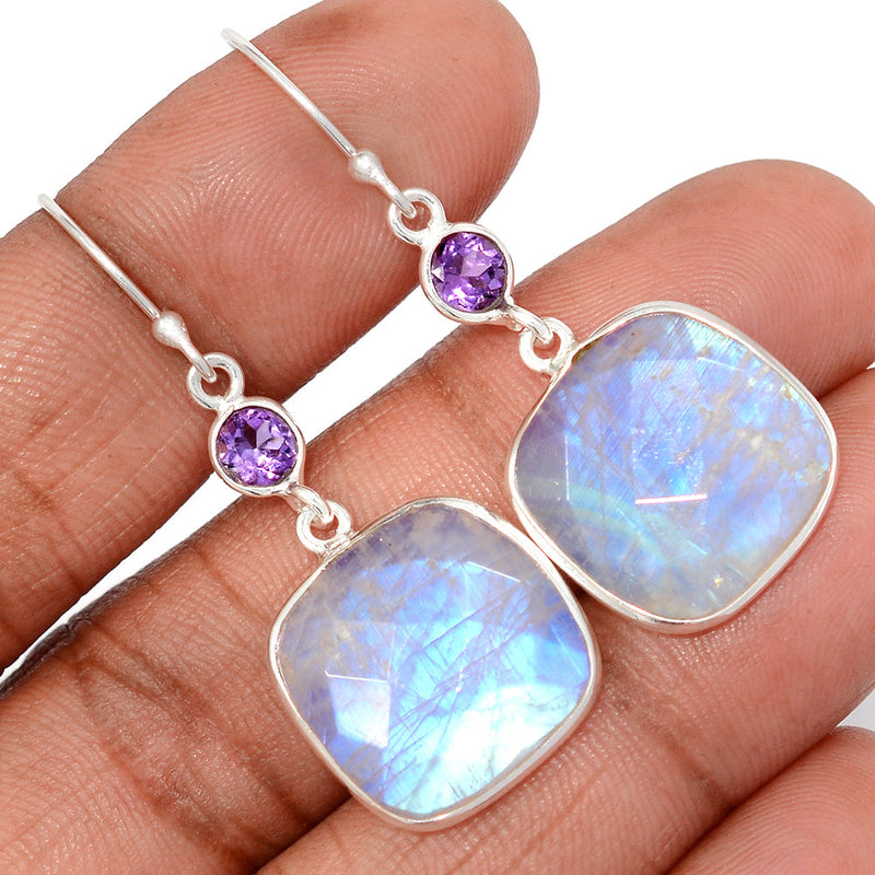1.7" Moonstone Faceted & Amethyst Faceted Earrings - MNFE683