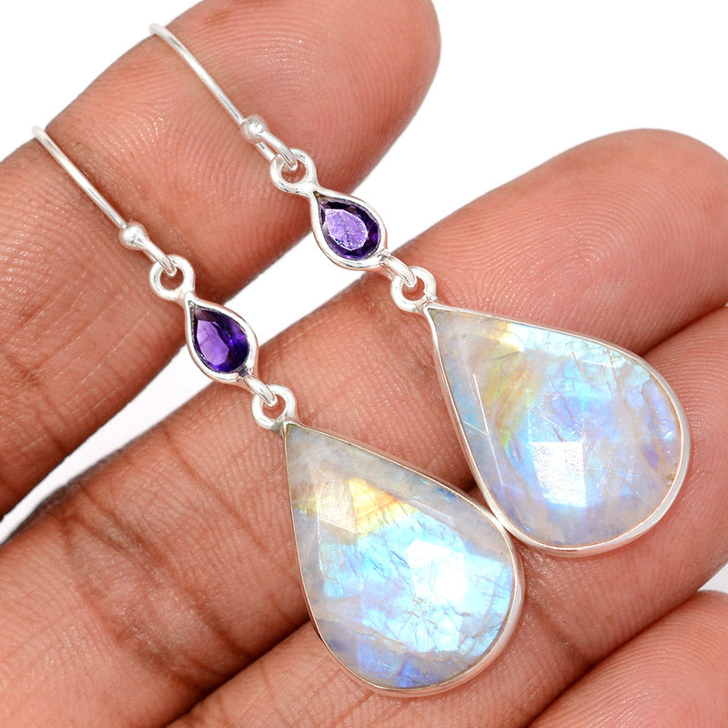 2.1" Moonstone Faceted & Amethyst Faceted Earrings - MNFE685