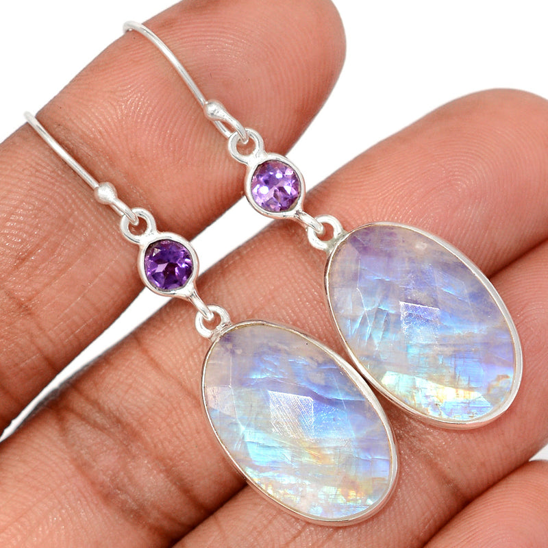 2" Moonstone Faceted & Amethyst Faceted Earrings - MNFE686