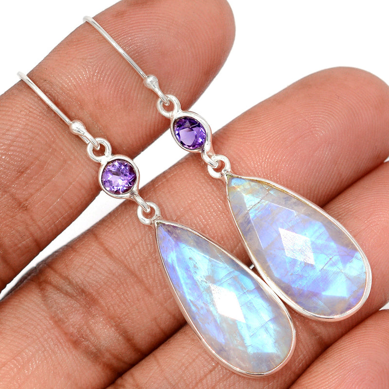 2.1" Moonstone Faceted & Amethyst Faceted Earrings - MNFE687