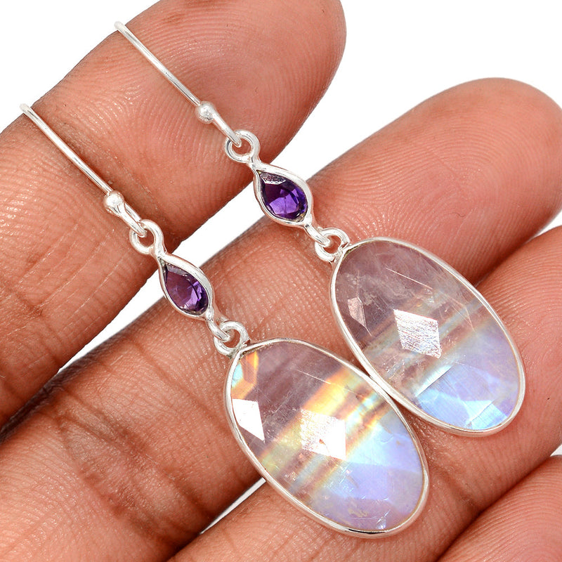 2" Moonstone Faceted & Amethyst Faceted Earrings - MNFE688