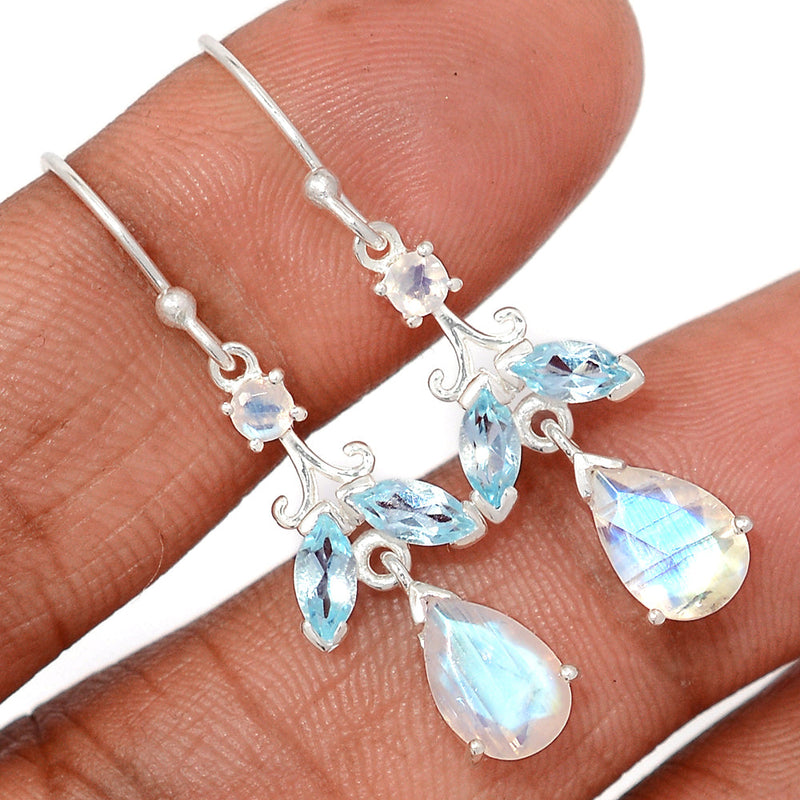 1.5" Designer - Moonstone Faceted & Blue Topaz Earrings - MNFE690
