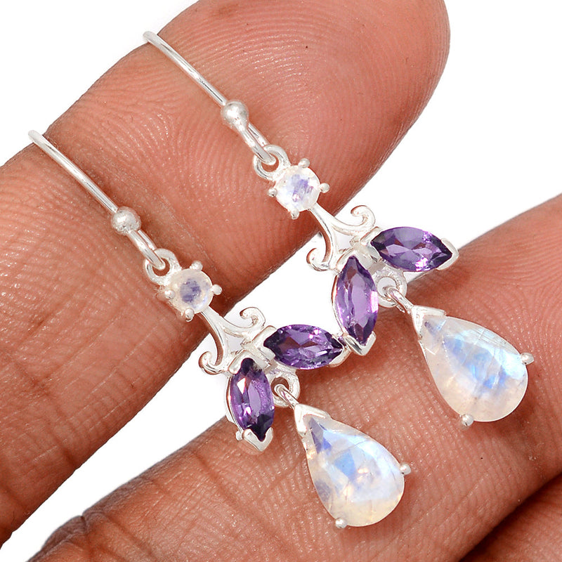 1.5" Designer - Moonstone Faceted & Amethyst Faceted Earrings - MNFE691