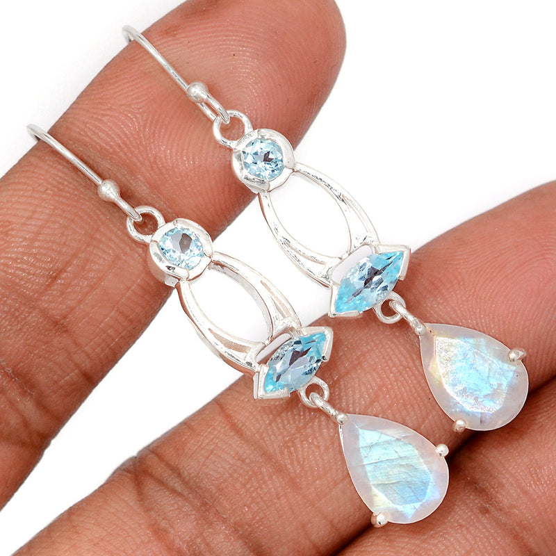 2.1" Designer - Moonstone Faceted & Blue Topaz Earrings - MNFE692