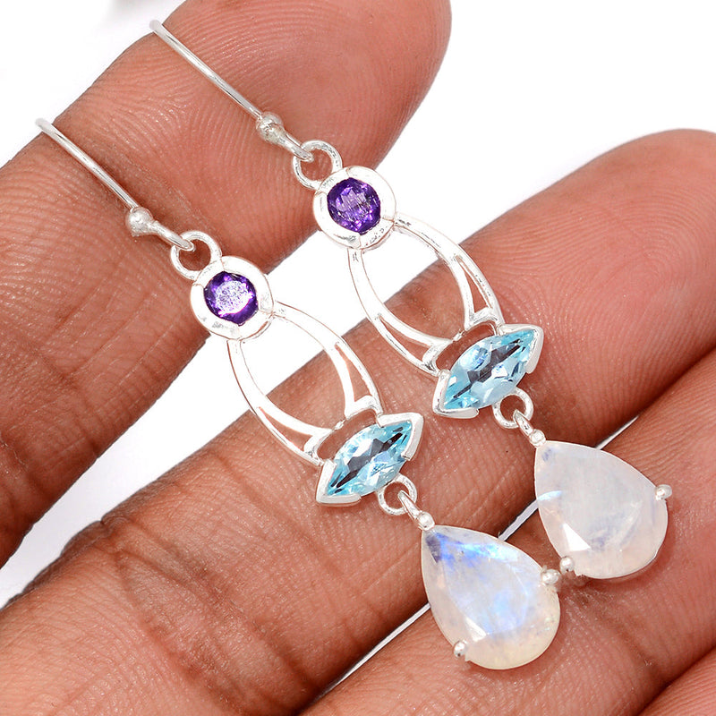 2.1" Designer - Moonstone Faceted, Amethyst Faceted & Blue Topaz Earrings - MNFE694