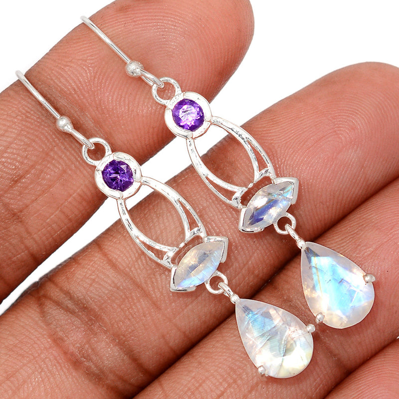 2.1" Designer - Moonstone Faceted & Amethyst Faceted Earrings - MNFE695