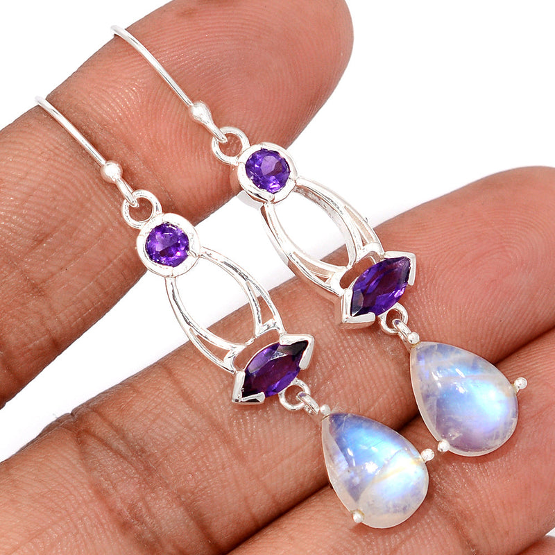 2.1" Designer - Rainbow Moonstone & Amethyst Faceted Earrings - MONE14