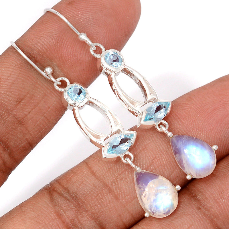 2.1" Designer - Rainbow Moonstone & Blue Topaz Earrings - MONE19