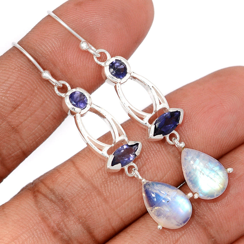 2.1" Designer - Rainbow Moonstone & Iolite Earrings - MONE1