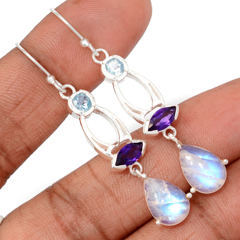 2.1" Designer - Rainbow Moonstone, Amethyst Faceted & Blue Topaz Earrings - MONE20