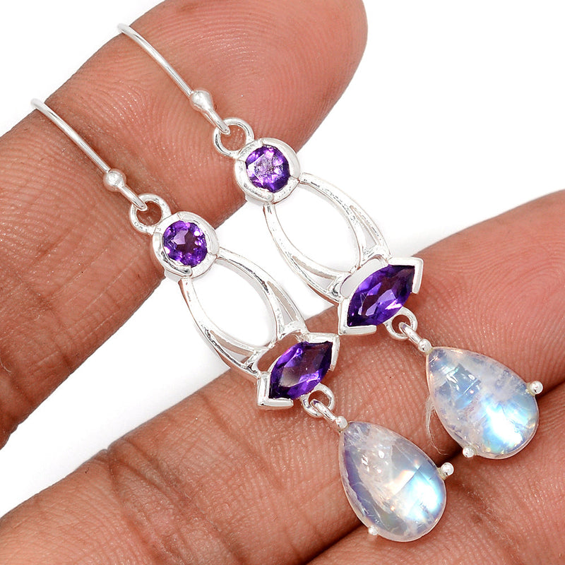 2.1" Designer - Rainbow Moonstone & Amethyst Faceted Earrings - MONE2