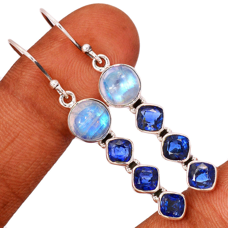2" Rainbow Moonstone & Kyanite Faceted Earrings - MONE3492