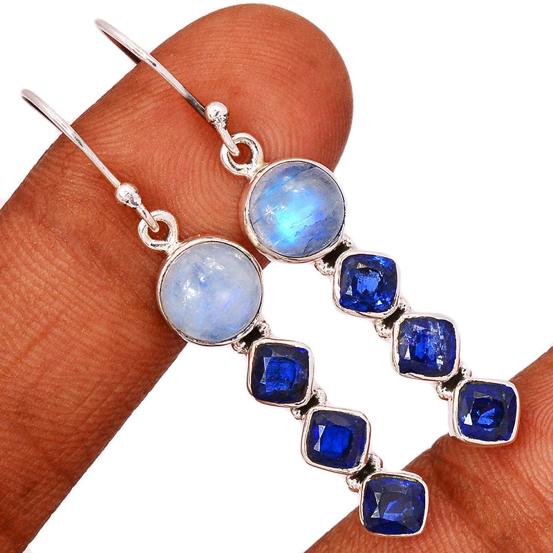 2" Rainbow Moonstone & Kyanite Faceted Earrings - MONE3496