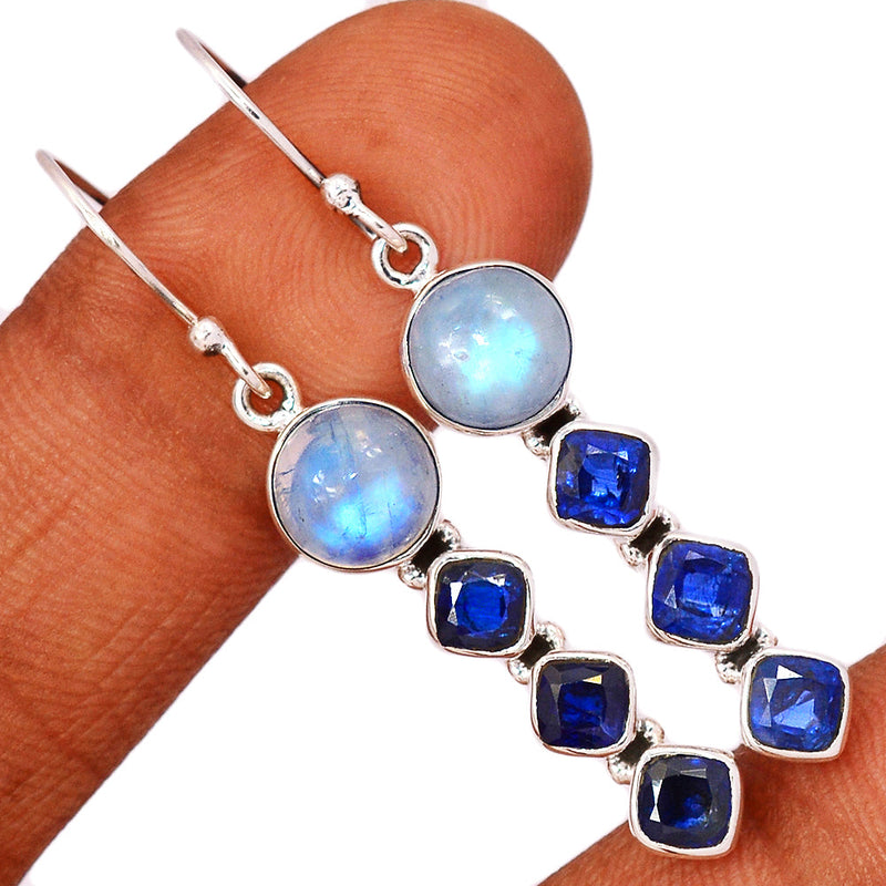 2" Rainbow Moonstone & Kyanite Faceted Earrings - MONE3497