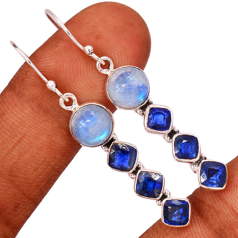 2" Rainbow Moonstone & Kyanite Faceted Earrings - MONE3500
