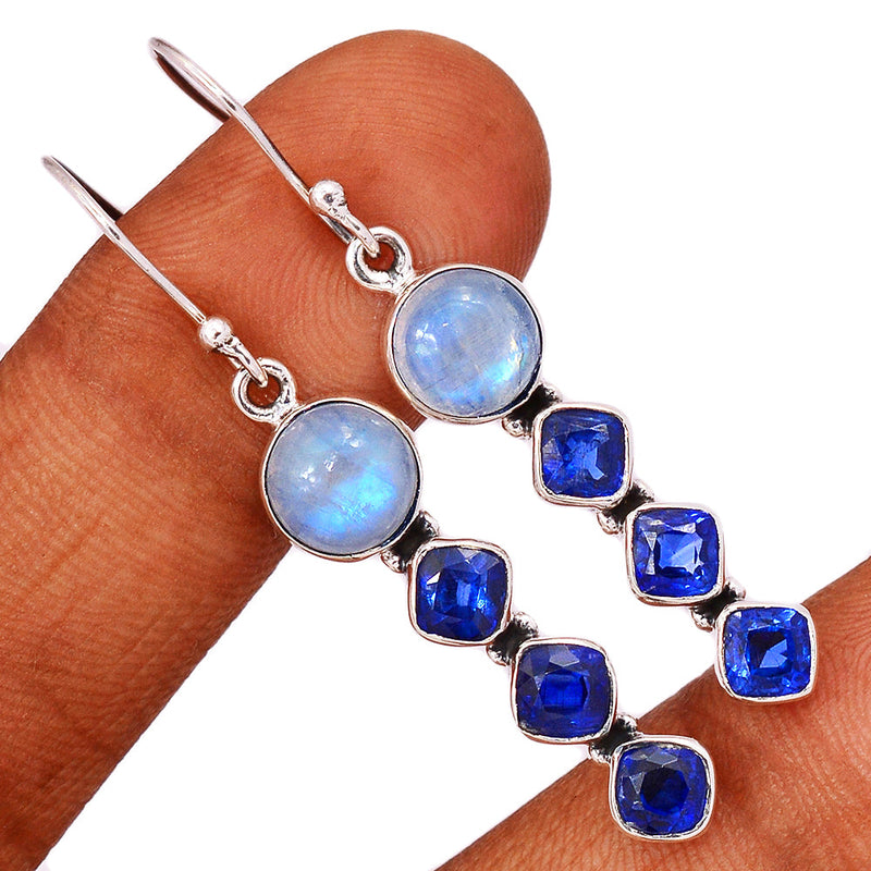 2" Rainbow Moonstone & Kyanite Faceted Earrings - MONE3508