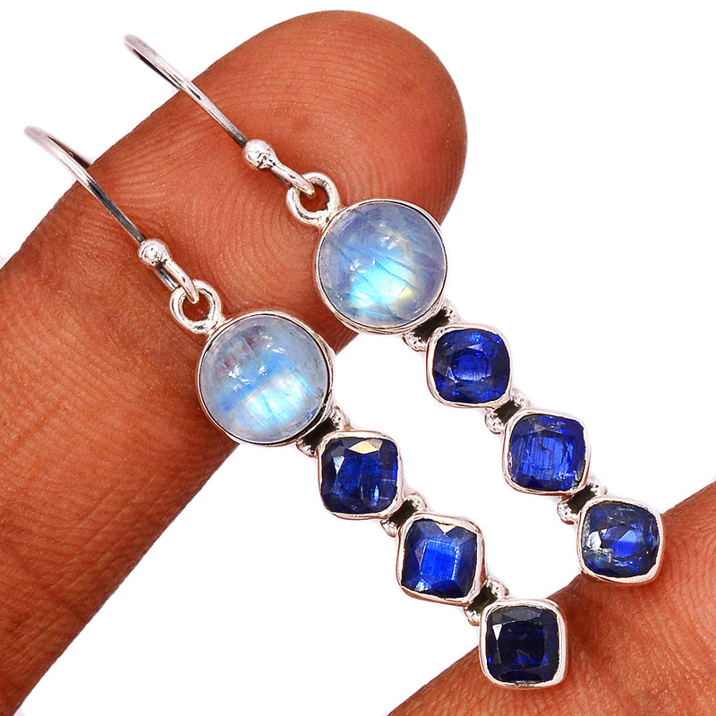 2" Rainbow Moonstone & Kyanite Faceted Earrings - MONE3509