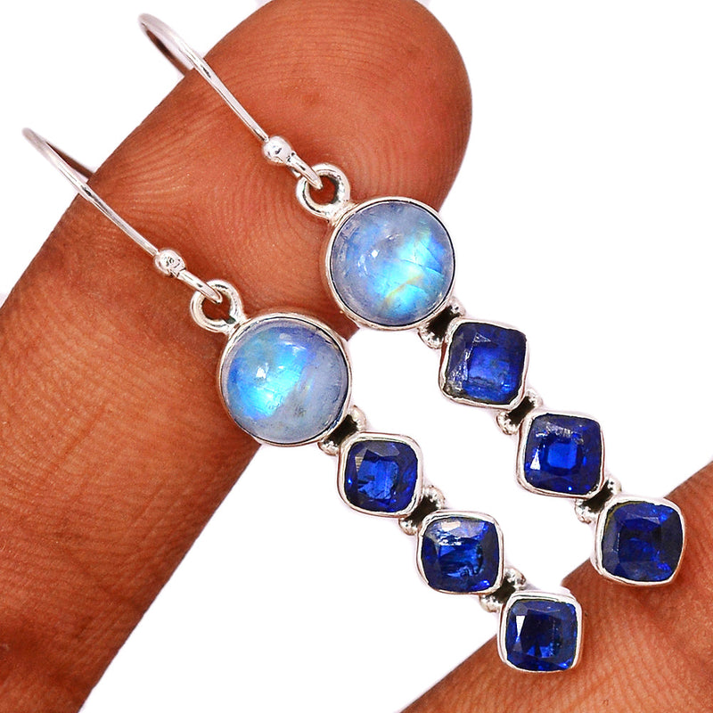 2" Rainbow Moonstone & Kyanite Faceted Earrings - MONE3511