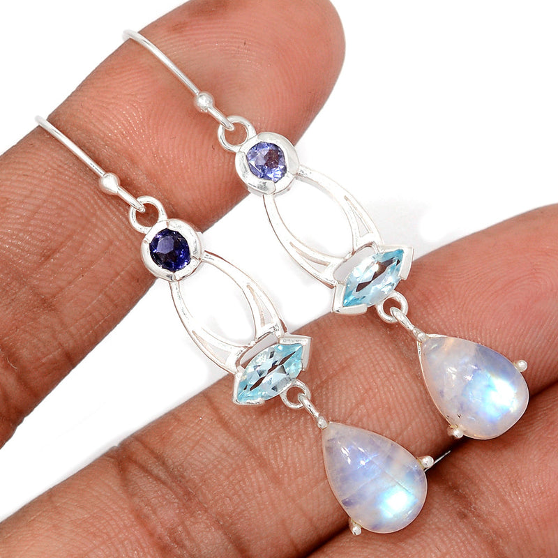 2.1" Designer - Rainbow Moonstone, Blue Topaz & Iolite Earrings - MONE3