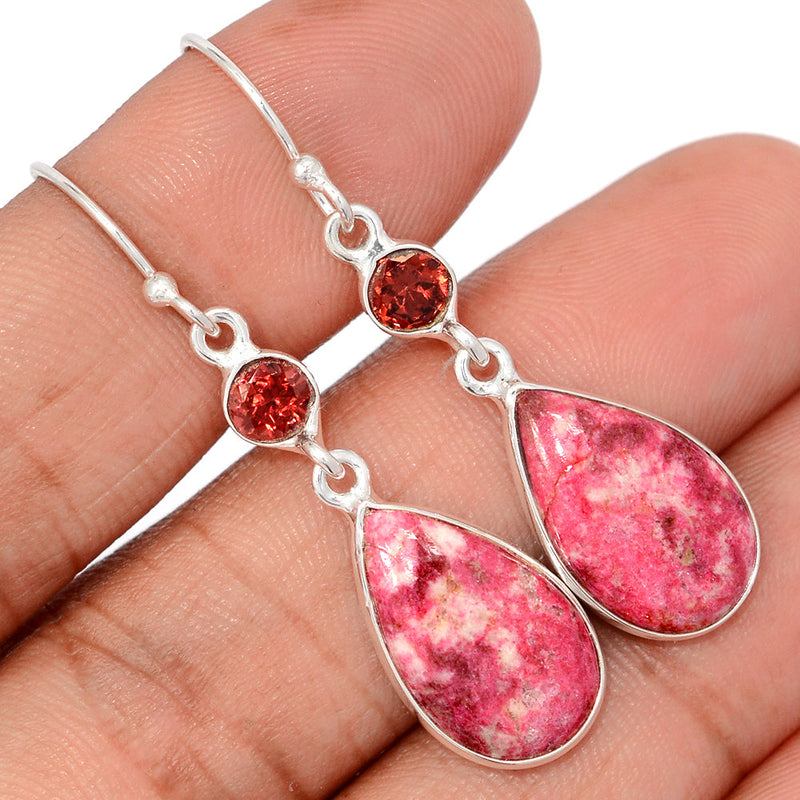 1.8" Pink Thulite & Garnet Faceted Earrings - PKTE446