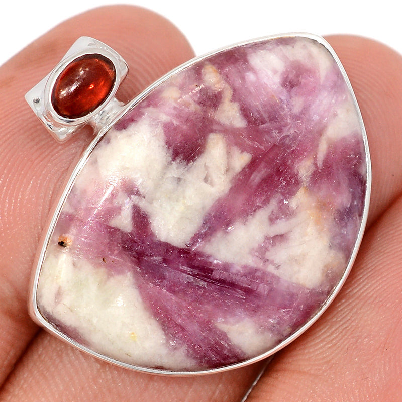 1.1" Natural Rubellite Pink Tourmaline In Quartz Cabochon & Garnet Pendants - PQCP284