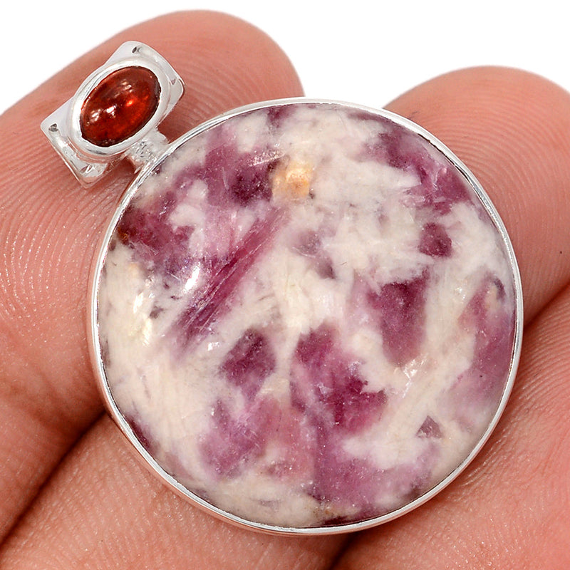 1.2" Natural Rubellite Pink Tourmaline In Quartz Cabochon & Garnet Pendants - PQCP285