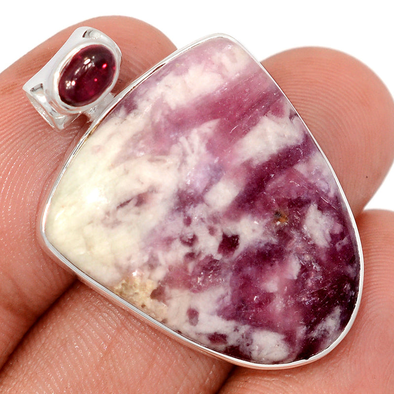 1.3" Natural Rubellite Pink Tourmaline In Quartz Cabochon & Garnet Pendants - PQCP286