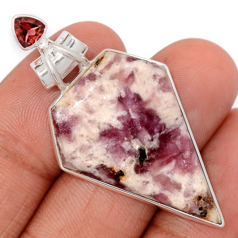 2" Natural Rubellite Pink Tourmaline In Quartz Cabochon & Garnet Pendants - PQCP287
