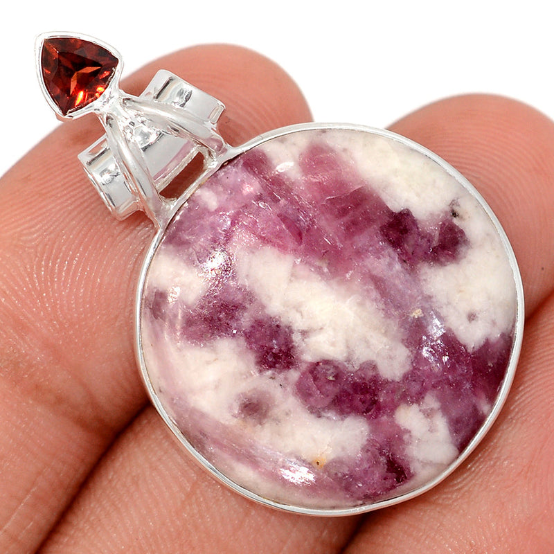 1.6" Natural Rubellite Pink Tourmaline In Quartz Cabochon & Garnet Pendants - PQCP288