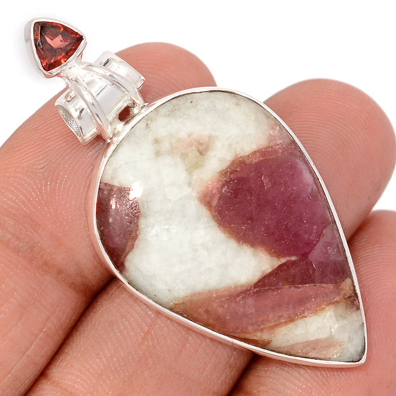 2" Natural Rubellite Pink Tourmaline In Quartz Cabochon & Garnet Faceted Pendants - PQCP296