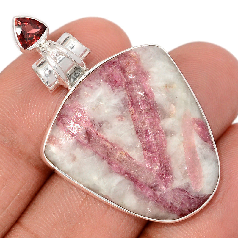 1.7" Natural Rubellite Pink Tourmaline In Quartz Cabochon & Garnet Faceted Pendants - PQCP297