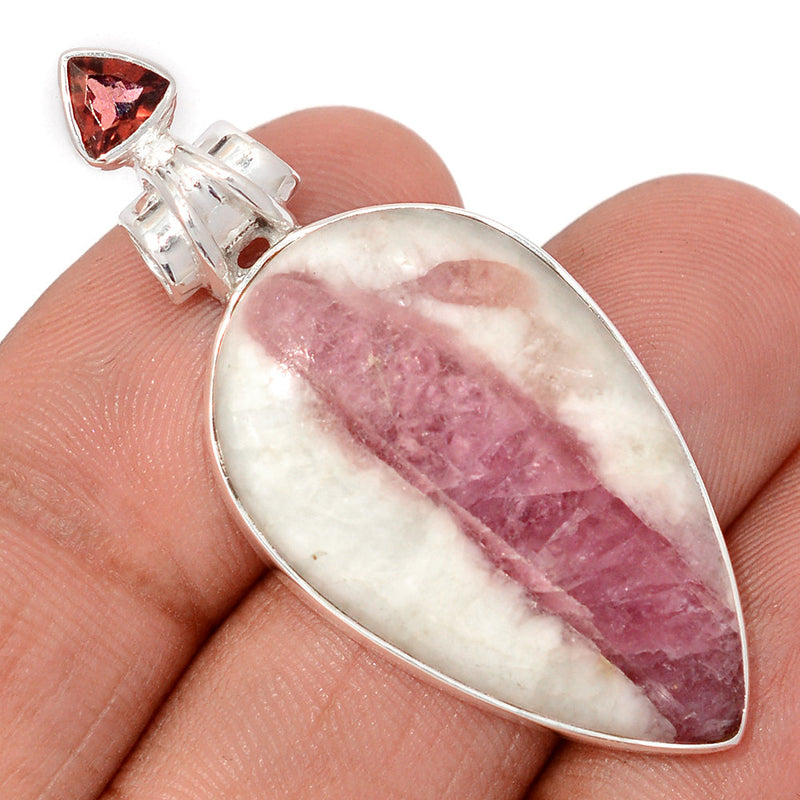 1.8" Natural Rubellite Pink Tourmaline In Quartz Cabochon & Garnet Faceted Pendants - PQCP298