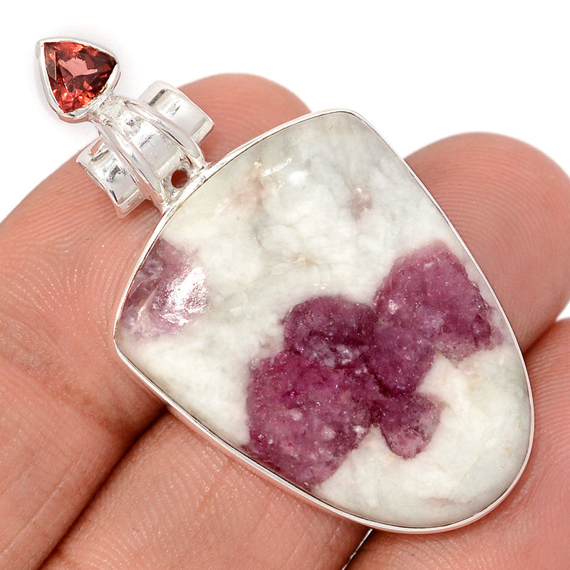 1.8" Natural Rubellite Pink Tourmaline In Quartz Cabochon & Garnet Faceted Pendants - PQCP299