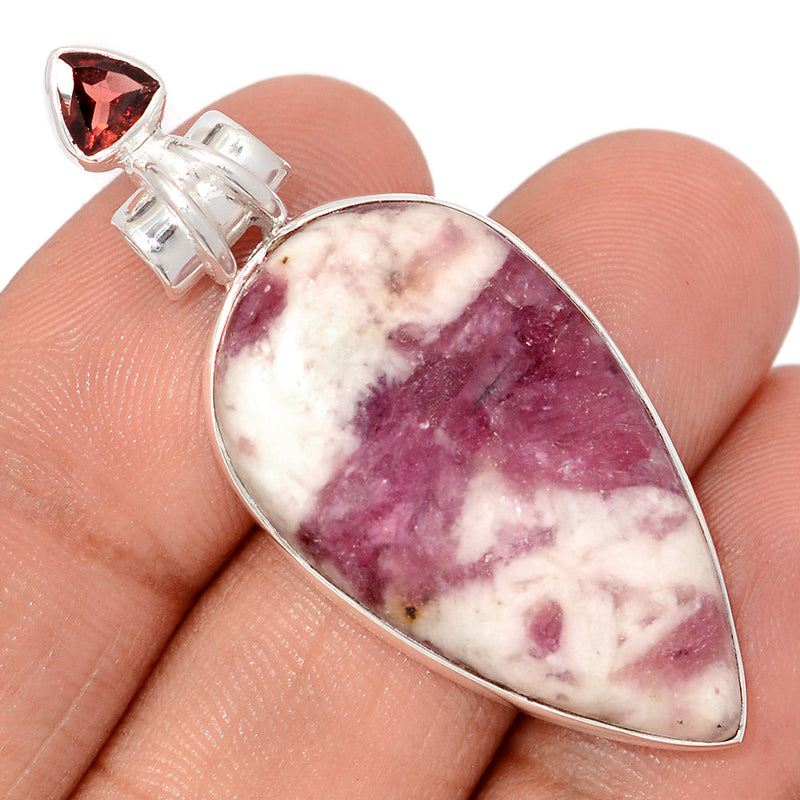 2" Natural Rubellite Pink Tourmaline In Quartz Cabochon & Garnet Faceted Pendants - PQCP300