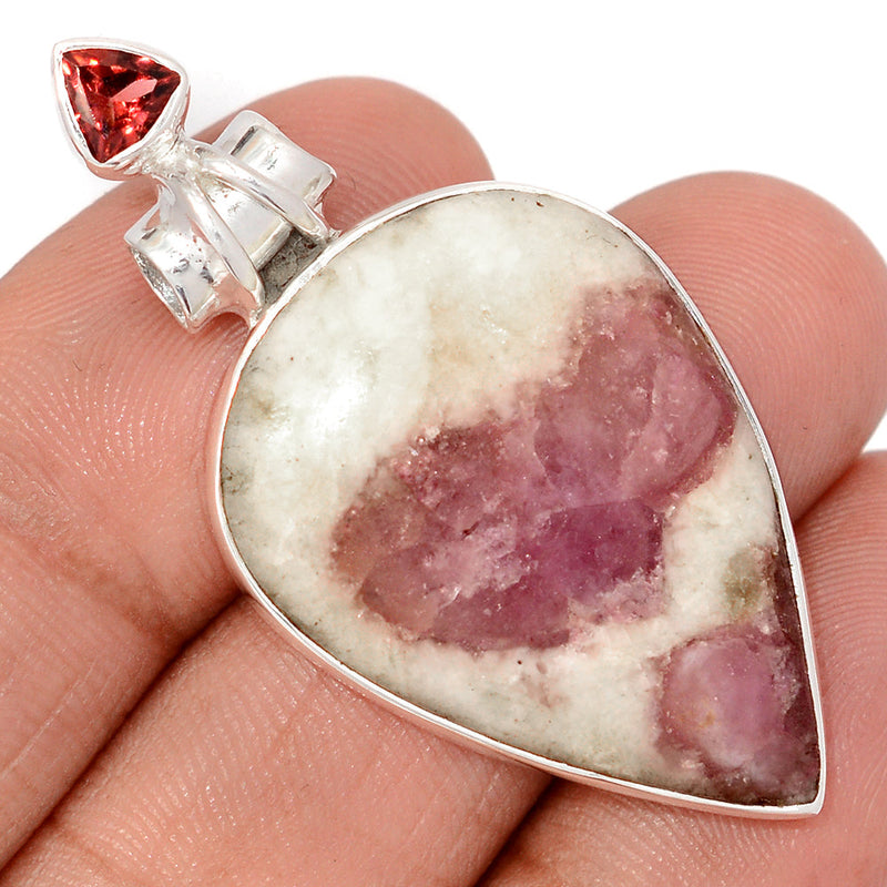 1.8" Natural Rubellite Pink Tourmaline In Quartz Cabochon & Garnet Faceted Pendants - PQCP301