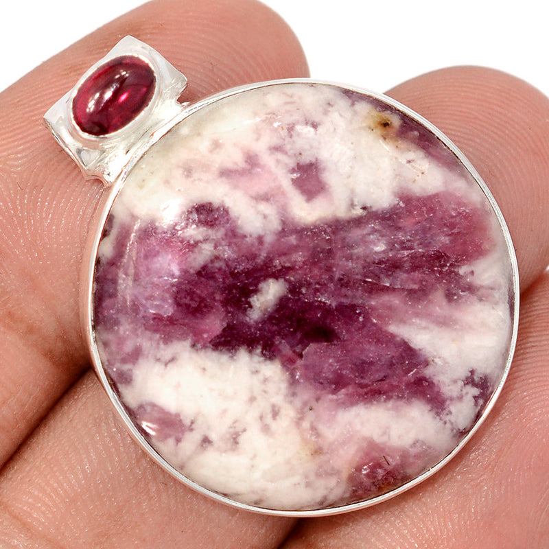 1.3" Natural Rubellite Pink Tourmaline In Quartz Cabochon & Garnet Cabochon Pendants - PQCP302