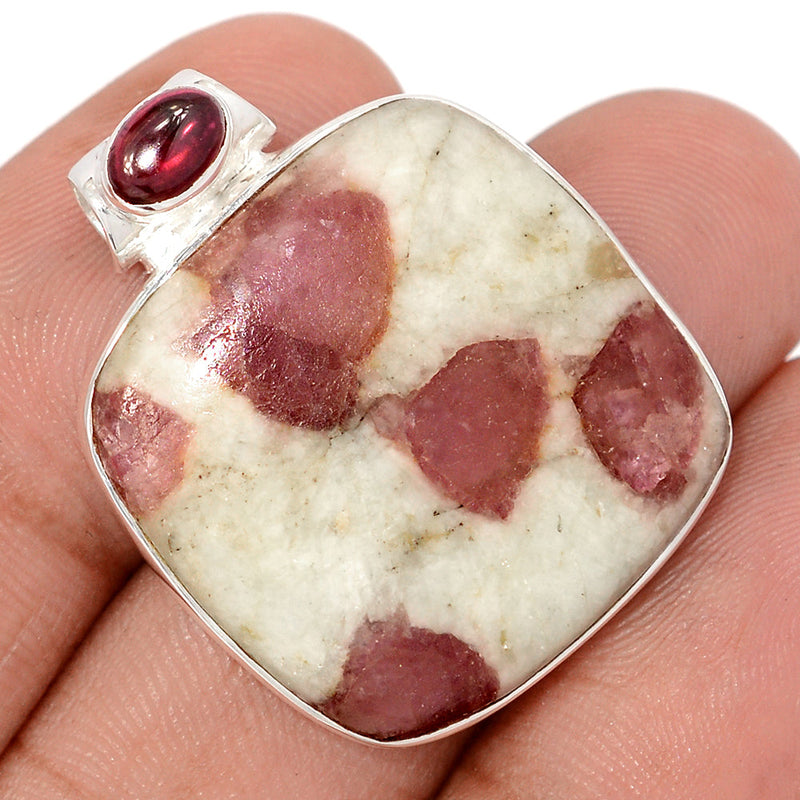 1.2" Natural Rubellite Pink Tourmaline In Quartz Cabochon & Garnet Cabochon Pendants - PQCP303