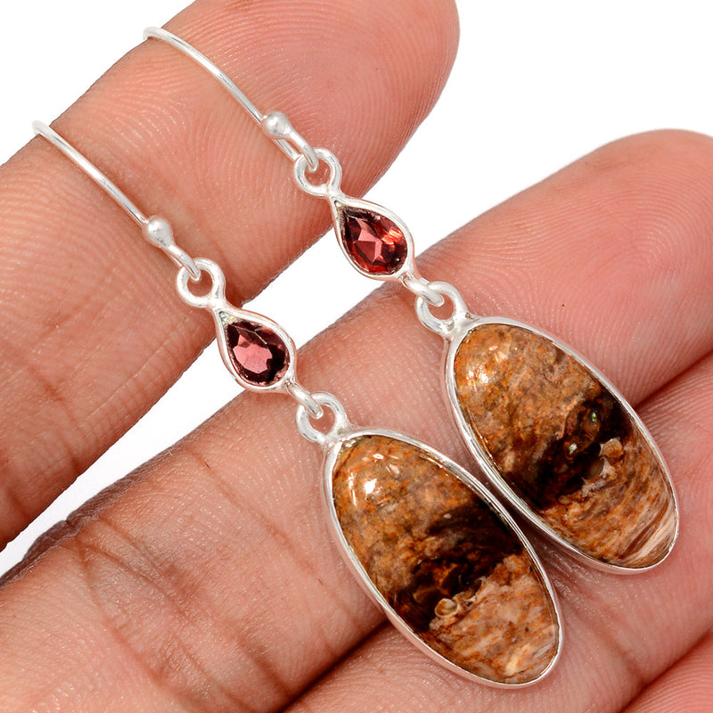 2" Petrified Wood Cabochon & Garnet Faceted Earrings - PWCE20