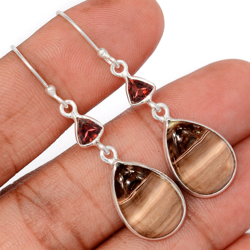 1.8" Petrified Wood Cabochon & Garnet Faceted Earrings - PWCE33